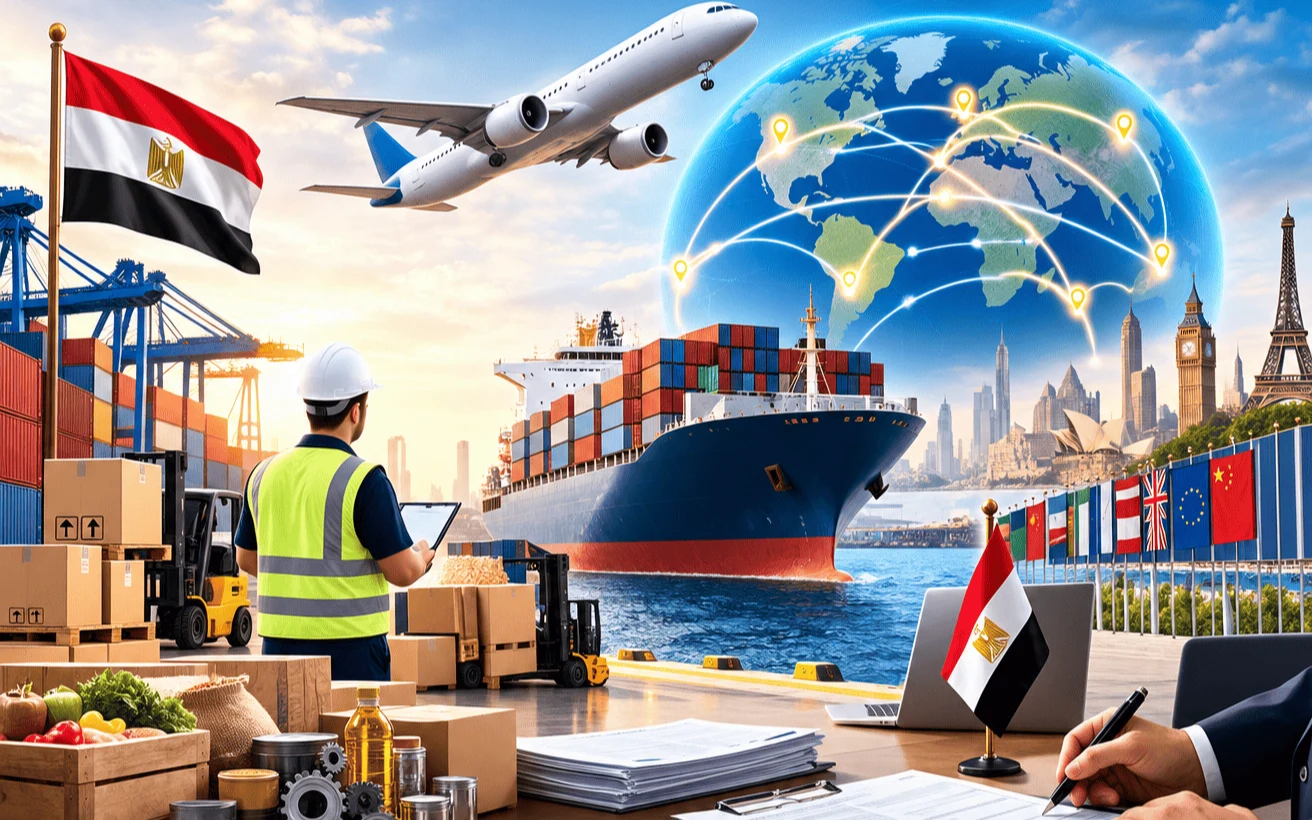 بضائع تجارية متنوعة من منتجات زراعية وتروس معدنية وعبوات زيوت وكراتين على منصات، ومشرف بخوذة يتابعها أمام سفينة حاويات، ومكتب عليه علم مصر ومستندات شحن يوقعها موظف، وأعلام دول العالم في الخلفية